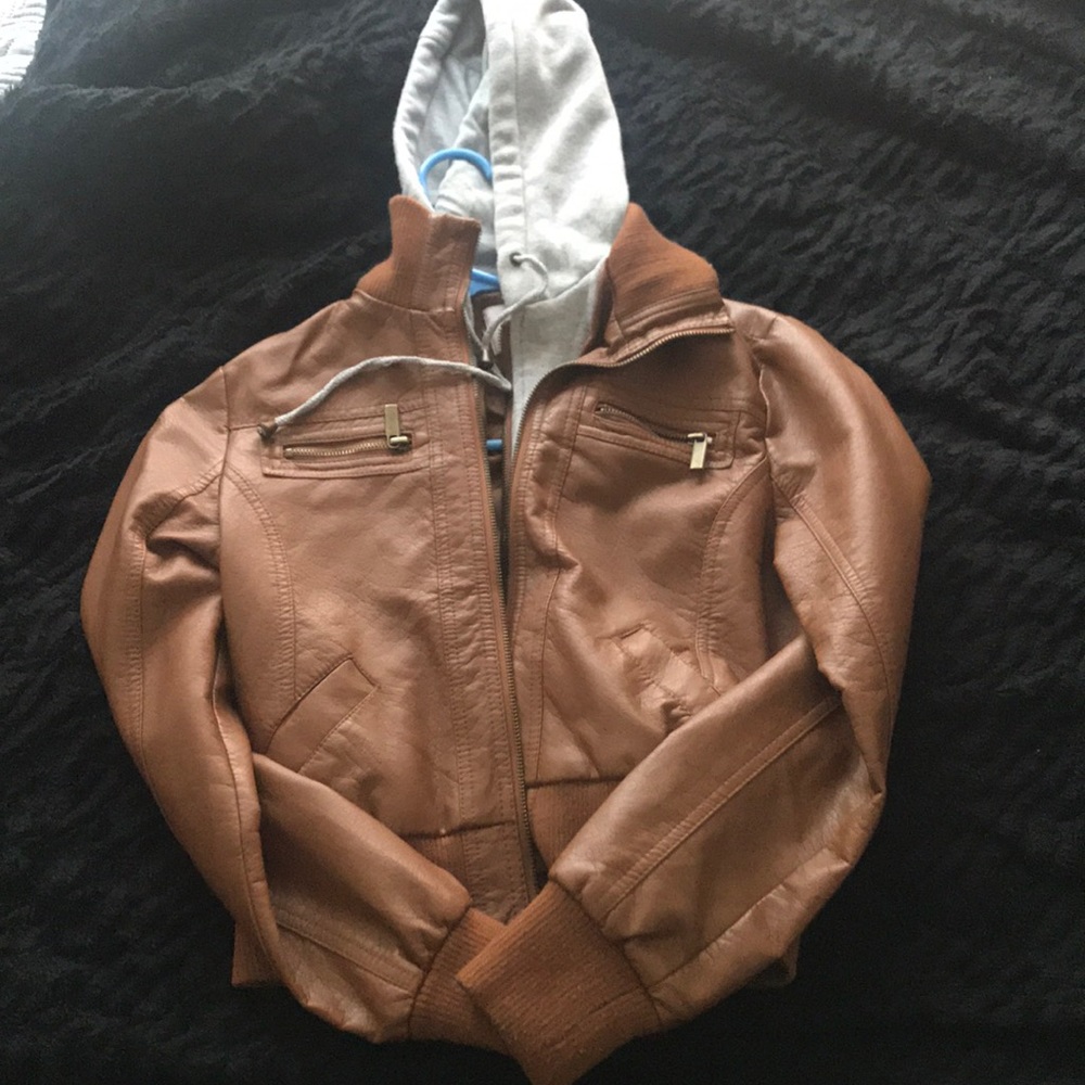 Brown faux jacket with hoodie